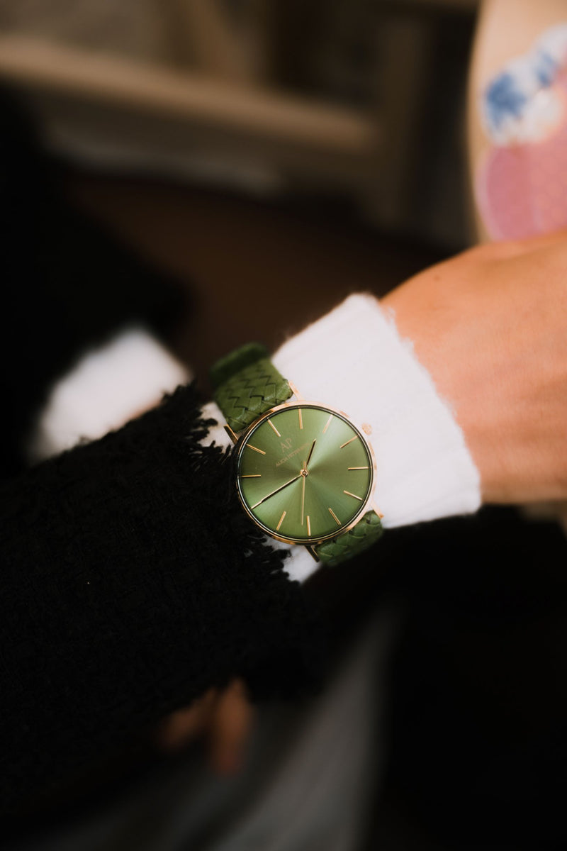 Gold Green Leather Diamond Uhr