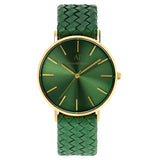 Gold Green Leather Diamond Uhr