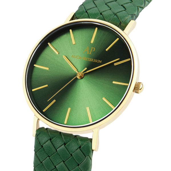 Gold Green Leather Diamond Uhr